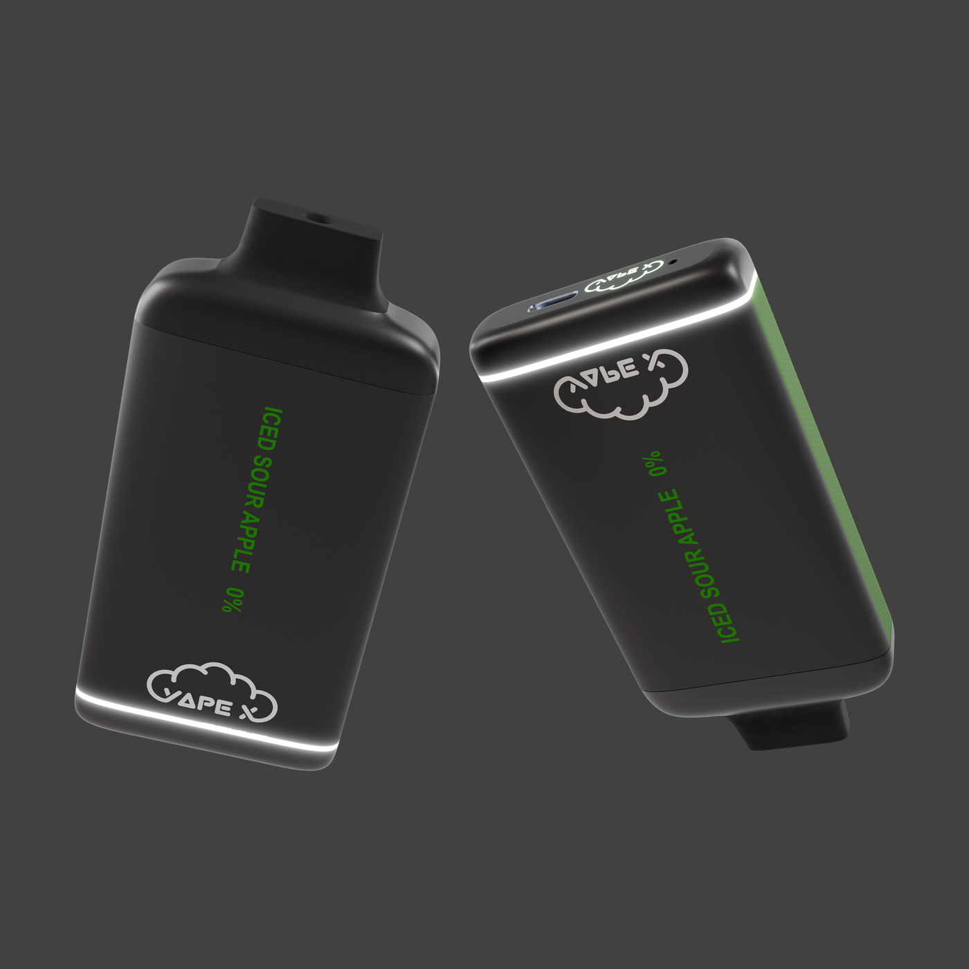 vapeX Iced Sour Apple Vape 0% Nicotine disposable vape top and bottom detail view