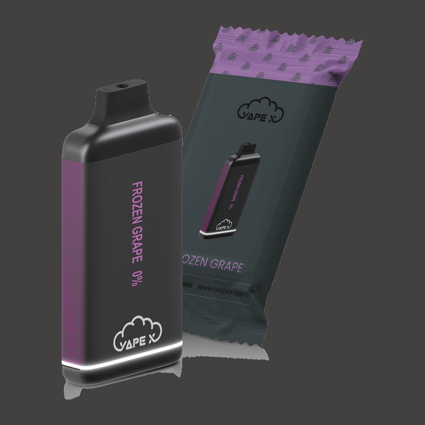 vapeX Frozen Grape Vape 0% Nicotine disposable vape packaging detail view
