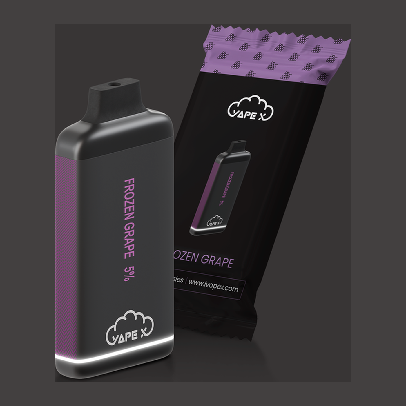 vapeX Frozen Grape Vape 5% Nicotine disposable vape packaging detail view