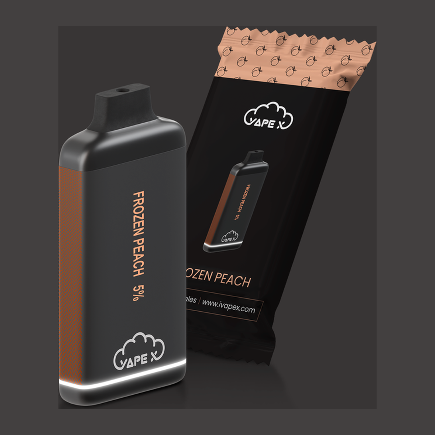 vapeX Frozen Peach 5% Nicotine (10 Pack) disposable vape packaging detail view