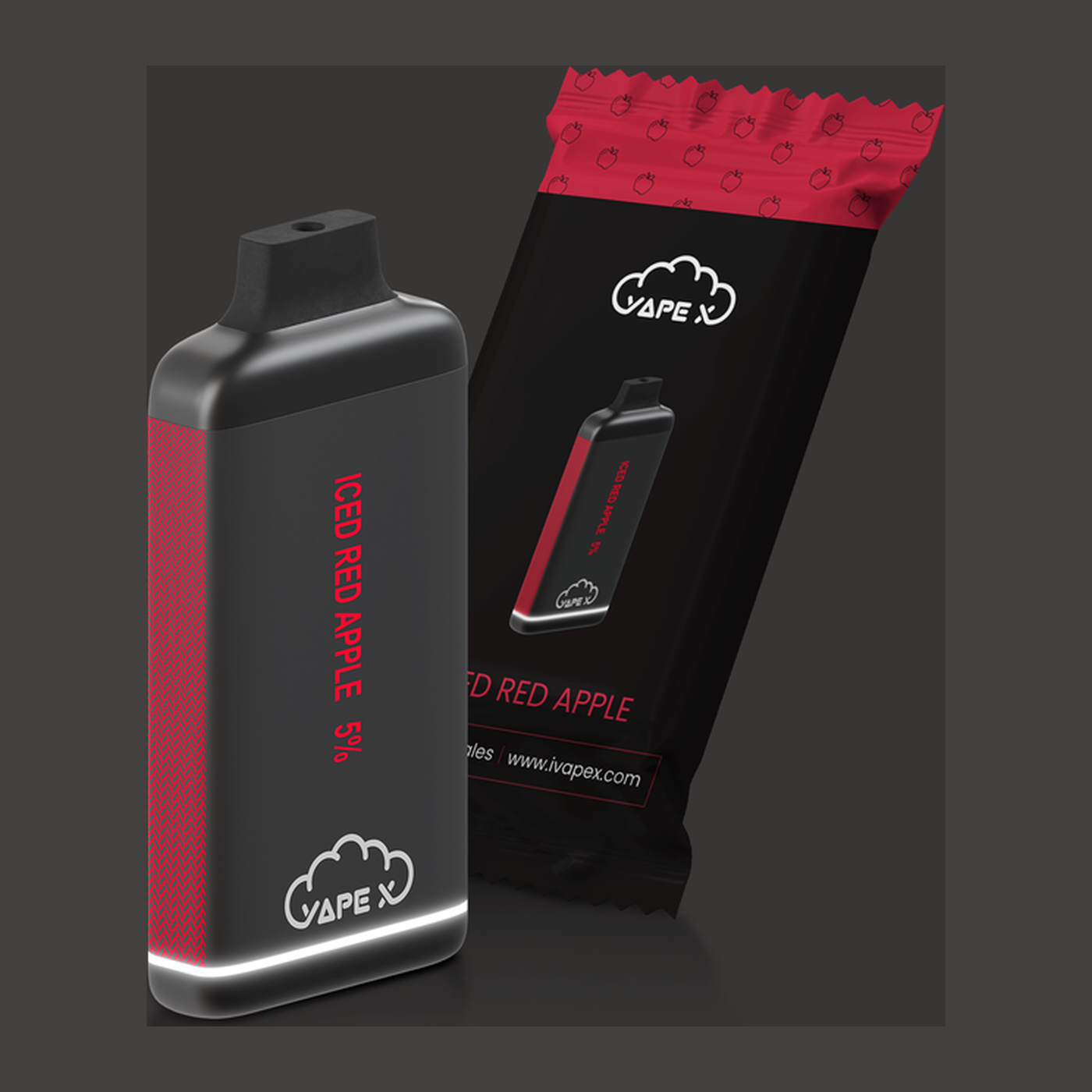 vapeX Iced Red Apple Vape 5% Nicotine disposable vape packaging detail view