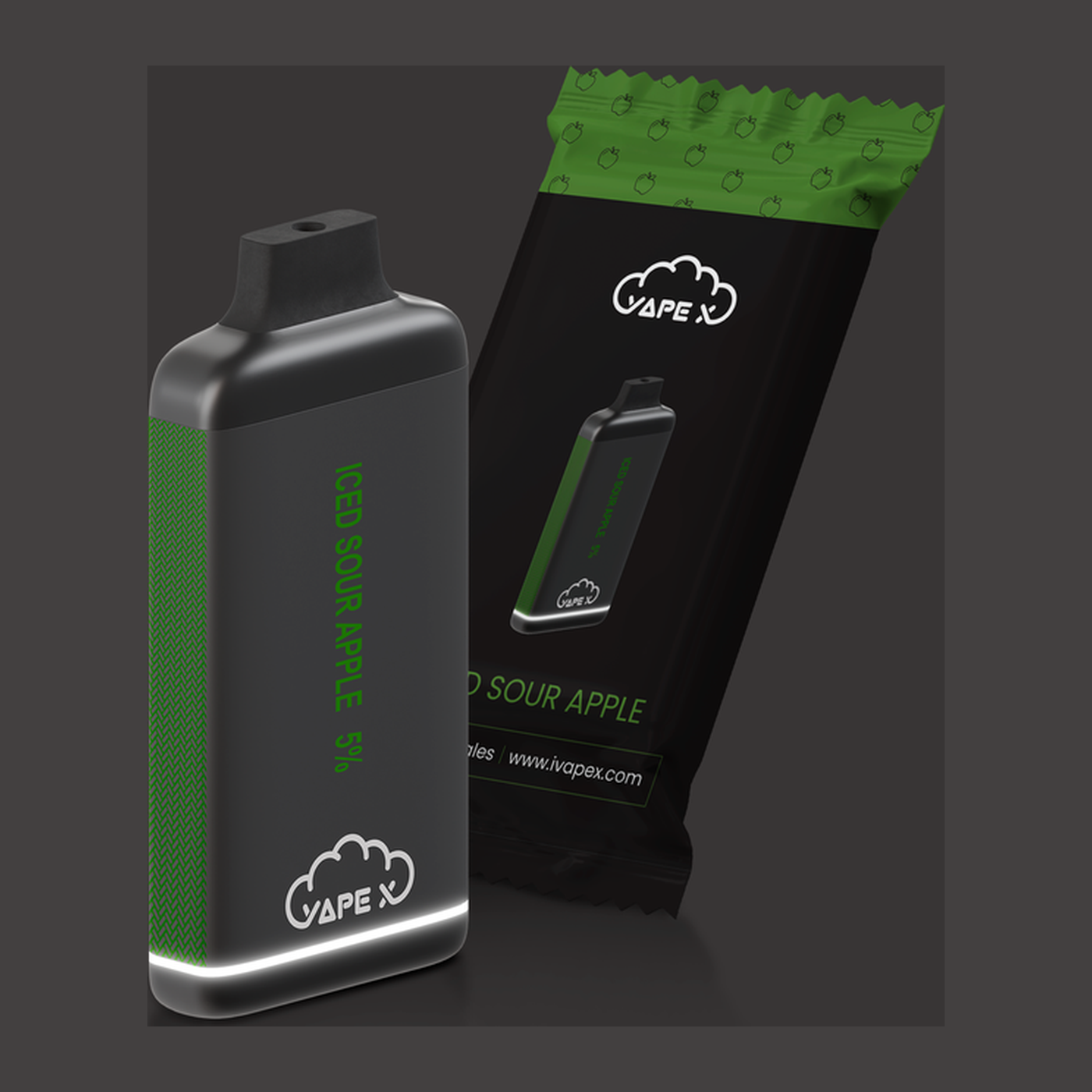 vapeX Iced Sour Apple 5% Nicotine (10 Pack) disposable vape packaging detail view