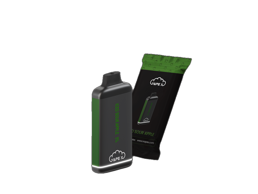 vapeX Iced Sour Apple 5% Nicotine (10 Pack) disposable vape packaging detail view